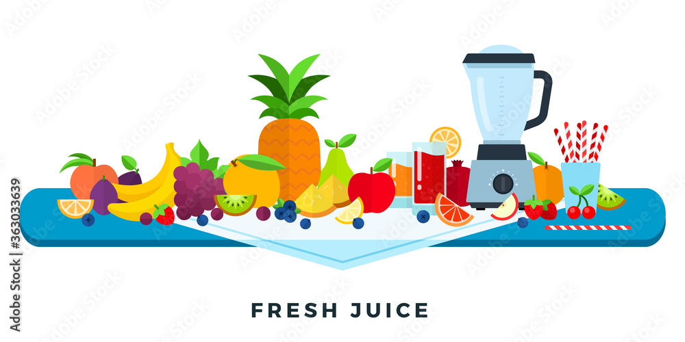 Fresh juice vector flat illustration. Fruits juices. Assorted fruits and berries.