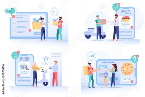 People making online food, grocery product, business lunch, fastfood suchi pizza order via mobile application, massenger, internet market. Fast delivery to home or office. Customer, courier set © VectorSpace