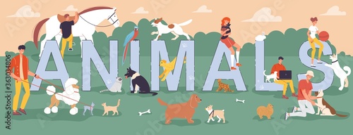 Tiny people walking pet performing outdoor activities on nature. Big letter animal. Man woman playing taking care dog, cat, horse, parrot, rabbit. Abstract owners friendship. Adoption community