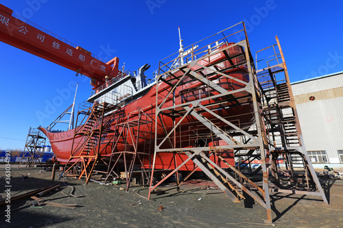 Ships under construction, in a shipyard, Luannan County, Hebei Province, China