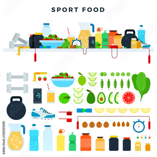 Set vector icons sport food in flat design. Concept healthy and athletic lifestyle.