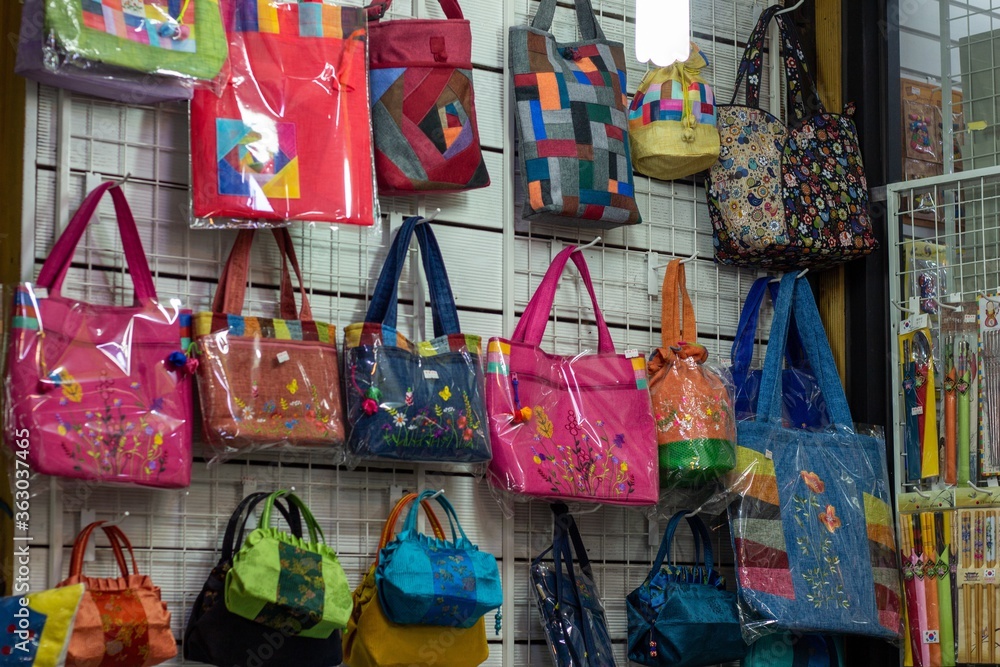 Closeup shot of colourful bags in a local market in Korea