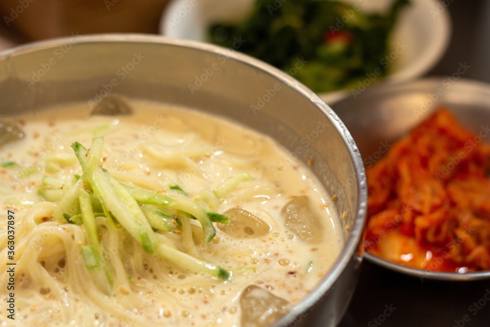 Selective focus shot of Korean noodles soup Selective focus shot of Korean noodles soup