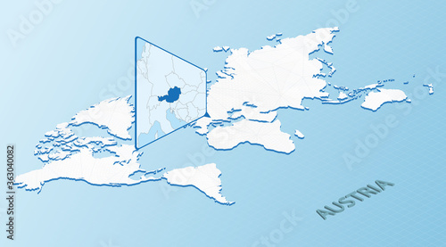 World Map in isometric style with detailed map of Austria. Light blue Austria map with abstract World Map.