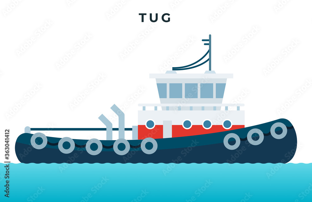 Blue and white tugboat on the waves vector icon flat isolated. Blue and white tugboat on the waves vector icon flat isolated.