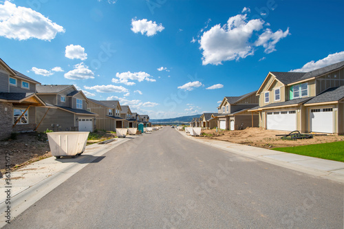 A street of new homes being built in a residential subdivision in Spokane, Washington, USA