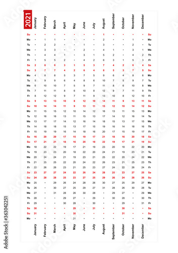 One row vertical calendar 2021, sunday first day of the week.