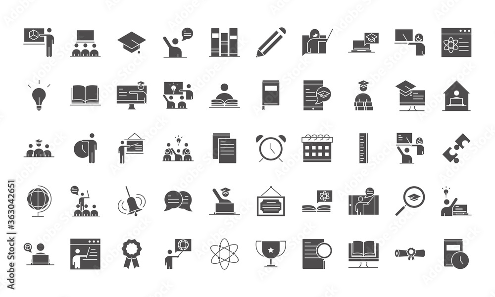 teach school education learn knowledge and training icons set silhouette style icon