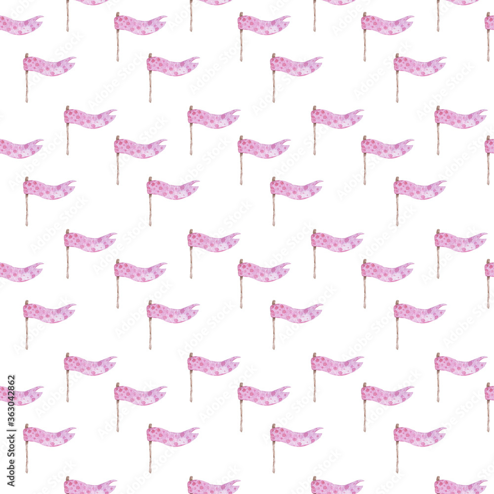 Seamless pattern with pink girlish bunting flags. Cute childish birthday ribbons on white background. Hand drawn watercolor flag For kid party