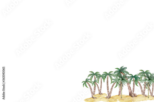 Exotic tropical palm tree. Frame border background. Summer illustration. Template for card. Watercolor style
