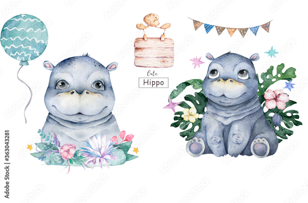 Cute baby Hippo Hand drawn adorable watercolor african animals illustration on white background for baby shower card.