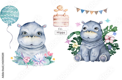Cute baby Hippo Hand drawn adorable watercolor african animals illustration on white background for baby shower card. © Anna Terleeva