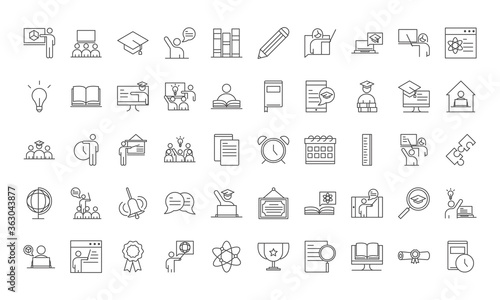 teach school education learn knowledge and training icons set line style icon