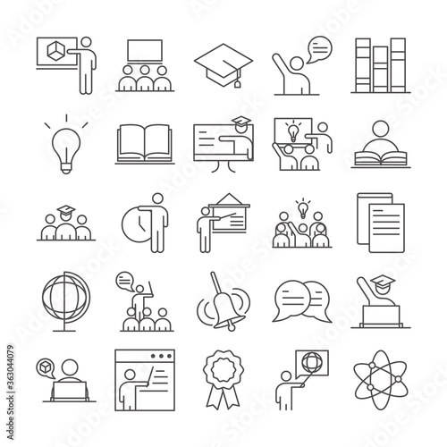 teach school education learn knowledge and training icons set line style icon