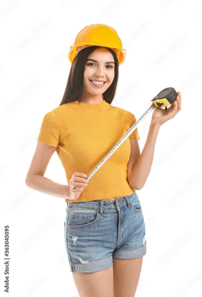 Young woman with measuring tape on white background Young woman with measuring tape on white background