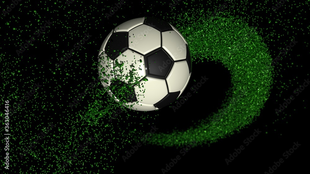Fototapeta premium Soccer ball with Green Rotating Particles under spot light Background. 3D sketch design and illustration. 3D high quality rendering.