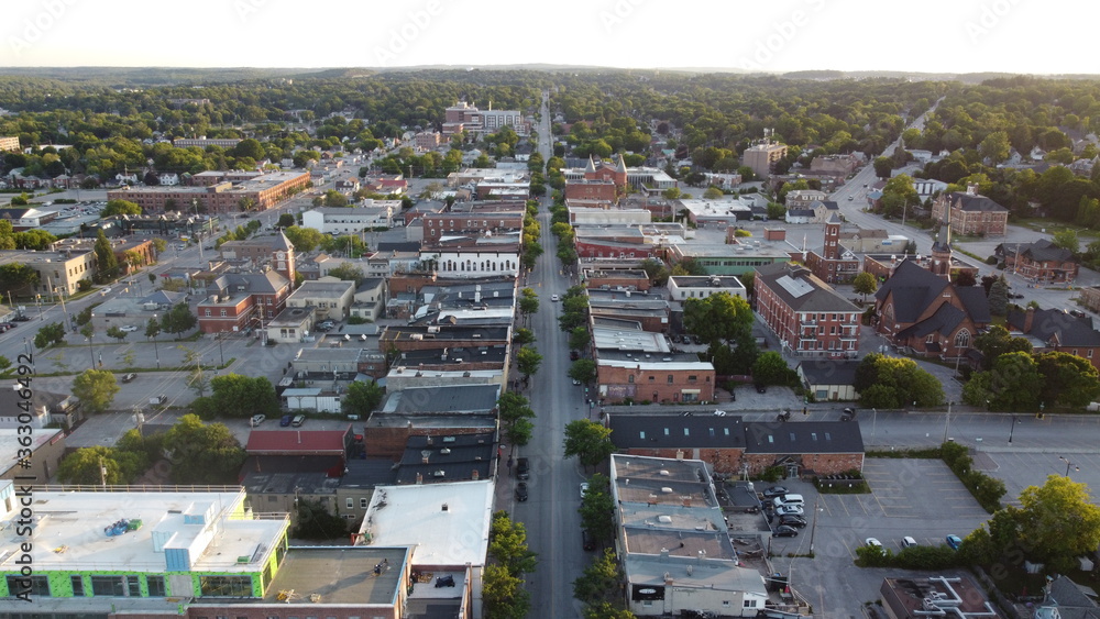 Aerial Panoramic View of Downtown in a Small City with main street road