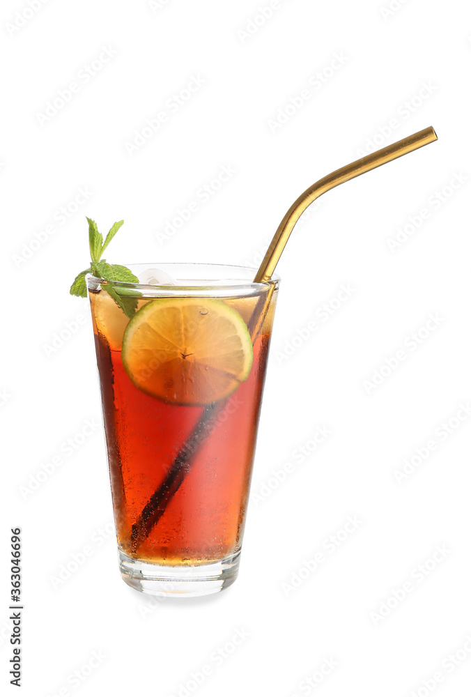 Glass of tasty Cuba Libre cocktail on white background Glass of tasty Cuba Libre cocktail on white background
