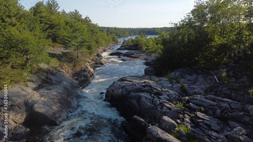 Panoramic Scenic View of Rapids in Muskoka, Ontario with fast-flowing river in nature landscape