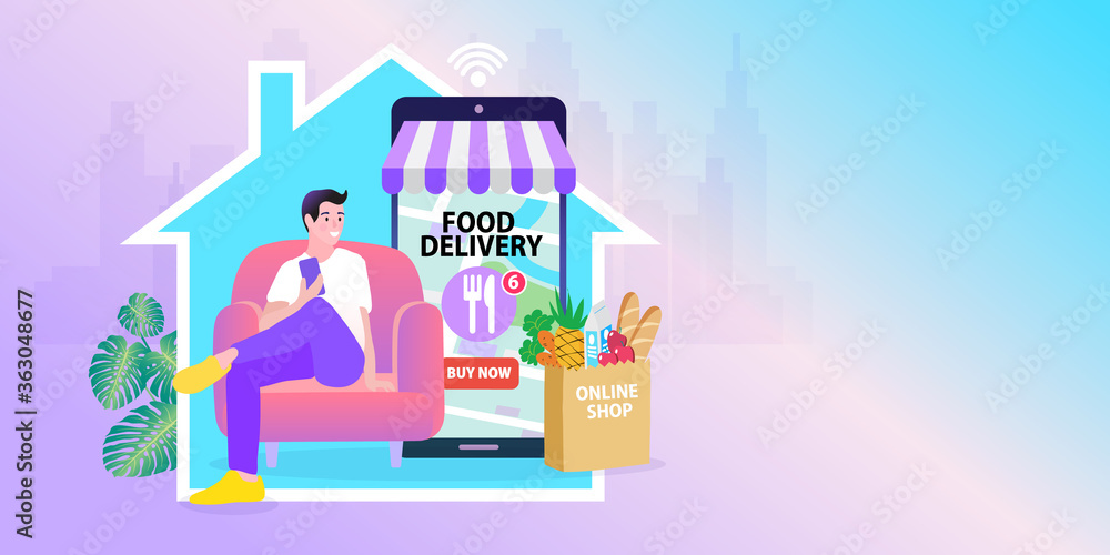 Naklejka premium Shopping online concept. Young man receiving parcel from delivery man indoors. Stay at home. Vector illustration in flat style.