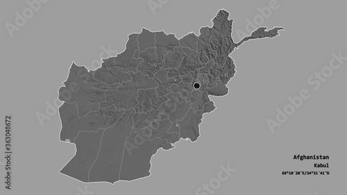 Kapisa, province of Afghanistan, with its capital, localized, outlined and zoomed with informative overlays on a bilevel map in the Stereographic projection. Animation 3D photo