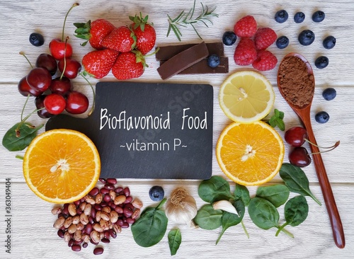 Foods high in bioflavonoids or flavonoids or vitamin P. Flavonoid rich food can help with heart health, cancer prevention, allergies, asthma, hypertension, varicose veins, hemorrhoids, hepatitis, etc.