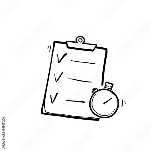 hand drawn Fast services, check list and stopwatch, to do plan, procrastination and efficiency, project management, quick questionnaire, short survey, doodle