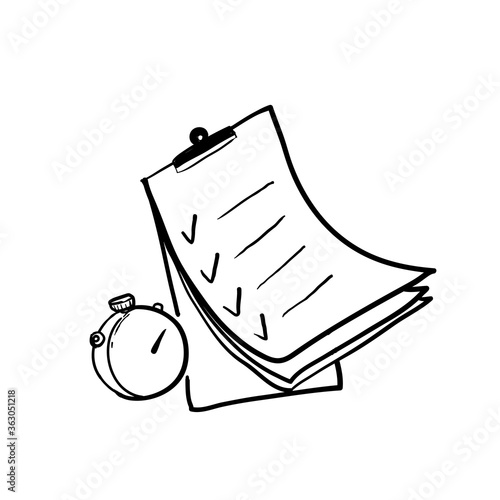 hand drawn Fast services, check list and stopwatch, to do plan, procrastination and efficiency, project management, quick questionnaire, short survey, doodle