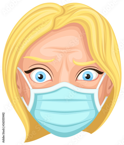 Vector illustration of a cartoon woman, uncomfortable in her protective face mask.