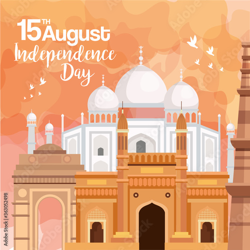 indian happy independence day, celebration 15 august, with monuments traditional and decoration vector illustration design