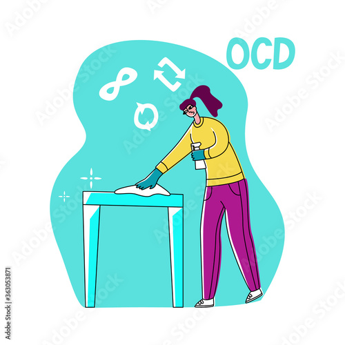 Vector flat illustration young woman who is cleaning, wiping table. Symbols for repeat and infinity are shown on top. Concept obsessive compulsive disorder or OCD.