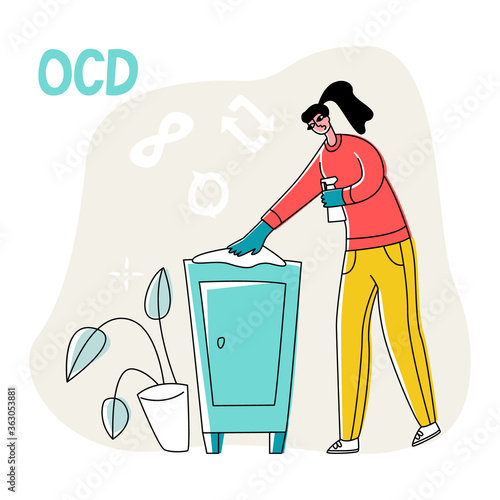 Vector flat illustration young woman who is cleaning, wiping bedside table. Symbols for repeat and infinity are shown on top. Concept obsessive compulsive disorder or OCD.