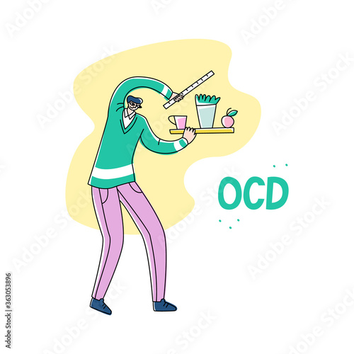 Vector young man who measures distance between objects on shelf and places them symmetrically. Concept obsessive compulsive disorder, madness, rhypophobia, pedantry, misophobia, germophobia, neurosis.