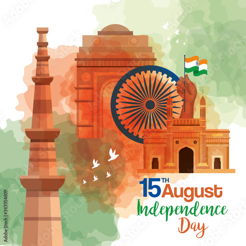 indian happy independence day, celebration 15 august, with monuments traditional and decoration vector illustration design