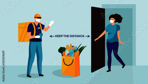 delivery man wear face mask holding box and delivering to young woman maintain social distancing, character vector flat illustration