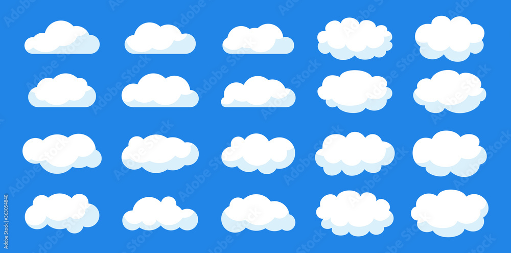 Cloud set flat cartoon style. Different volumetric clouds with shadow. Symbol, shape cloudy sky. White abstract nature weather elements collection. Isolated on blue background vector illustration Cloud set flat cartoon style. Different volumetric clouds with shadow. Symbol, shape cloudy sky. White abstract nature weather elements collection. Isolated on blue background vector illustration