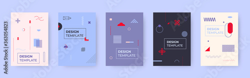 Geometric memphis cover template set. Trendy style art element and different shape background. Great for design magazine, pattern cover poster, banner. Backdrop with place for text Vector illustration