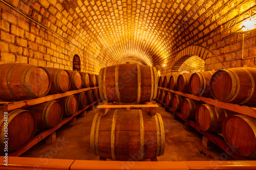 Oak barrels in wine cellars, Changli County, Hebei Province, China