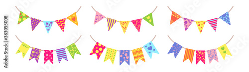 Flag garland bunting party set. Colorful buntings pennants for celebration, festival. Birthday hanging flags party, cartoon flat collection. Decoration holiday surprise. Isolated vector illustration
