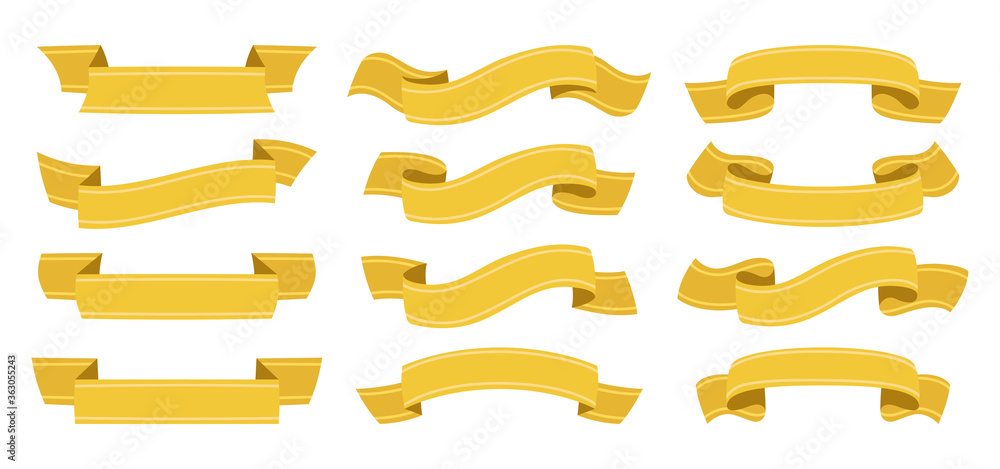 Gold ribbon set. Tape blank golden collection, decorative icons. Vintage design, ribbons sign cartoon style. Web icon kit of text banner tapes. Isolated vector illustration