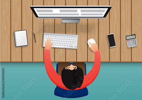Business person working on computer. Businessman sitting on a blue chair top view the office Desk with Office equipment. Vector flat illustration character design on background.