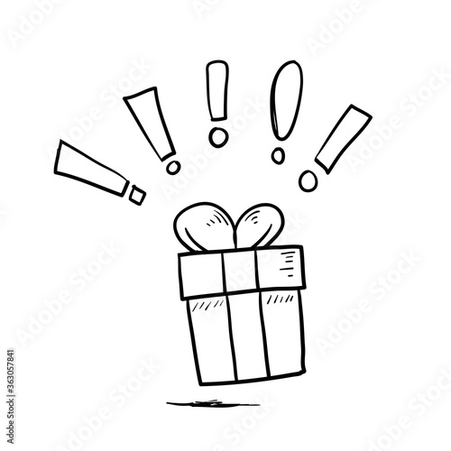 hand drawn Delight present, surprise gift box, birthday celebration, special give away package, loyalty program reward, wonder gift with exclamation mark, doodle icon