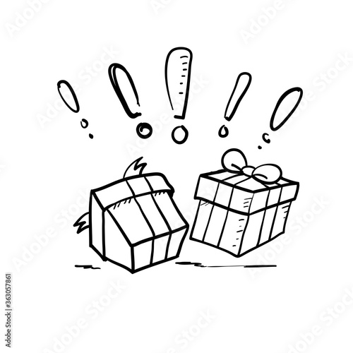 hand drawn Delight present, surprise gift box, birthday celebration, special give away package, loyalty program reward, wonder gift with exclamation mark, doodle icon