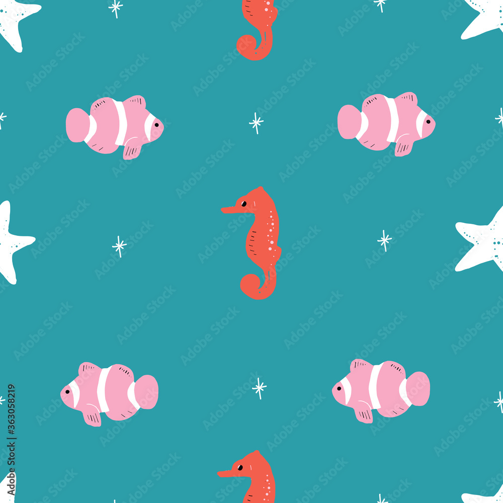 Green Seamless vector repeat pink red and green ocean animals pattern. This pattern has starfish, turtles, whales, clownfish, whales, and a turtle. Green Seamless vector repeat pink red and green ocean animals pattern. This pattern has starfish, turtles, whales, clownfish, whales, and a turtle.