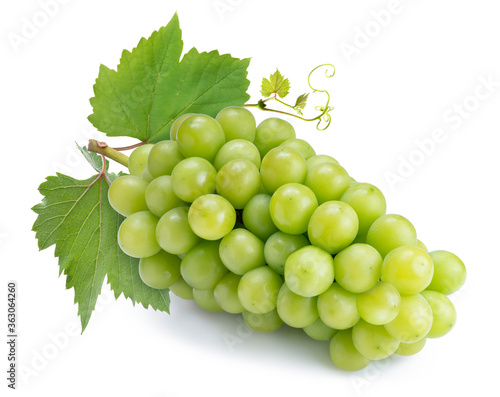 Shine Muscat Grape isolated on white background, Green grape with leaves isolated on white.