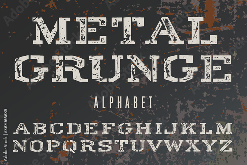 A Grunge Stencil Alphabet in White Paint on a Scratched Metallic Background