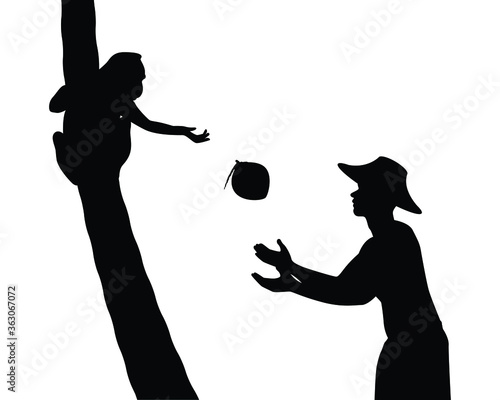 Asian gardener with monkey for coconut picking silhouette vector