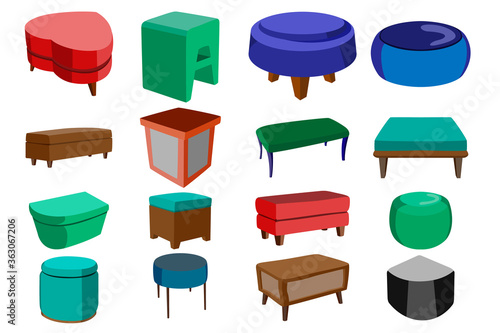 A large designer's set of sixteen furniture elements in a design of different shapes and from different sides. Puffs of furniture. Vector illustration.