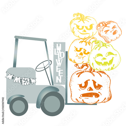 Pumpkins on a loader vector sketch for the Halloween holiday on the design of invitations, printing, print on a t-shirt, clothing. Doodling, hand-drawing