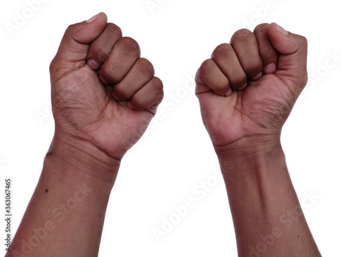 Black Skin hand on white background uprise in support of Black lives matter protest in America for human rights.